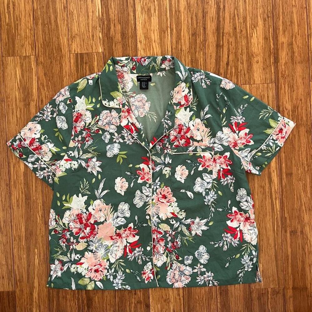 Cynthia Rowley Floral Green Short Sleeve Button Up Pajama Top XL